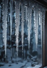 Glittering icicles hanging from a frosty windowpane , windowpane, frosty, glitter