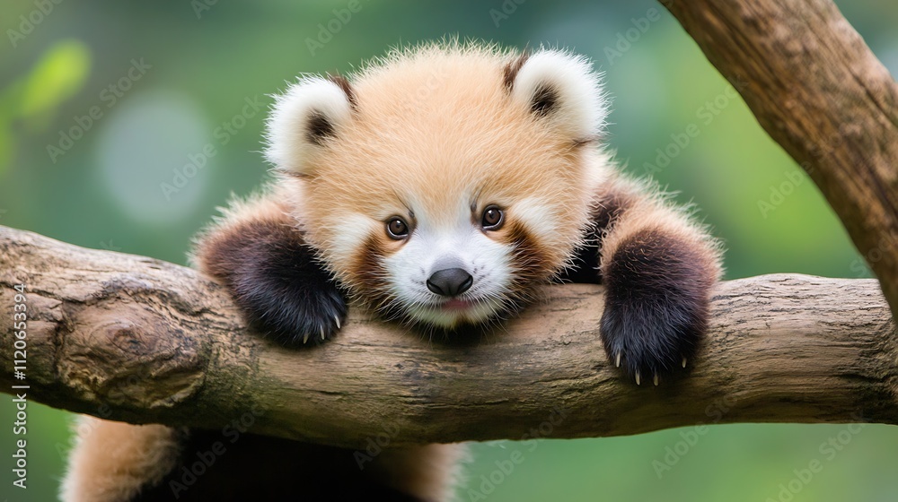 Poster Red Panda Cub Relaxing on Tree Branch in Vibrant Greenery : Generative AI