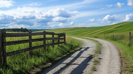 Fototapeta premium Rural Dirt Road Winding Through Lush Green Fields Under a Sunny Blue Sky with Wooden Fence : Generative AI