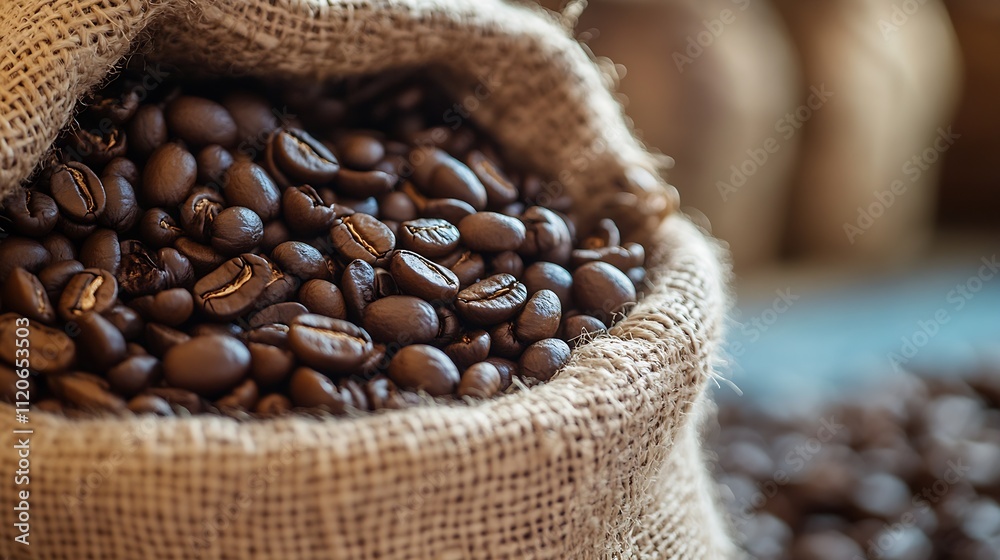 Poster sack of fresh coffee beans nestled in burlap sacks representing aroma and premium coffee experience 