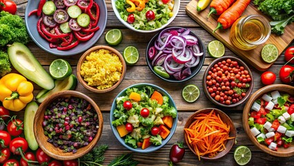 Fototapeta premium Variety of chopped vegetables and colorful vegetable salads with fresh ingredients , vegetable, salad, healthy, fresh, colorful