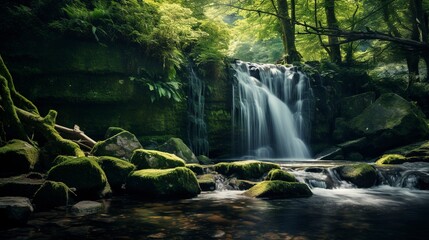 Tranquil forest waterfall with moss-covered rocks and serene natural lighting.