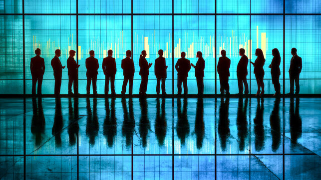 Silhouettes of diverse business professionals analyzing financial data on a digital screen
