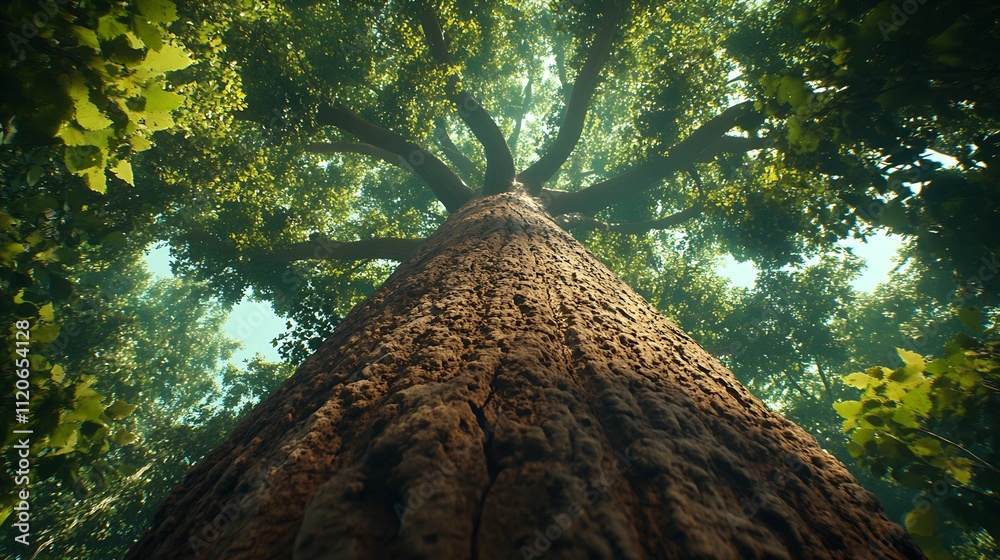 Poster majestic forest perspective from base to canopy with sunlight through leaves : generative ai