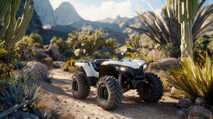 A white ATV parked on a rugged trail surrounded by desert plants and mountains.