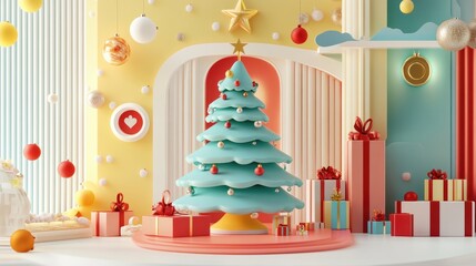 Fototapeta premium Christmas Tree and gifts flat design front view North Pole theme 3D 