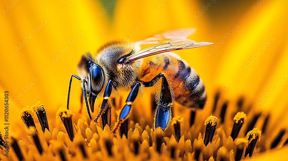 Poster CloseUp View of Honeybee Gathering Pollen on a Sunflower in Natural Setting : Generative AI