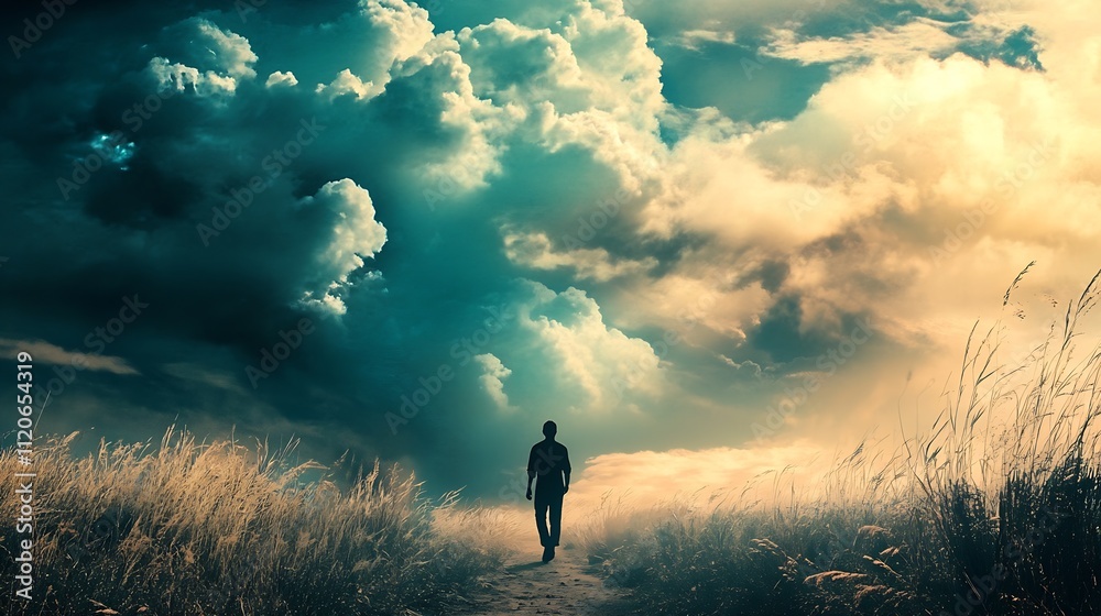 Poster silhouette of lone person walking on path under dramatic cloudy sky at sunset : generative ai