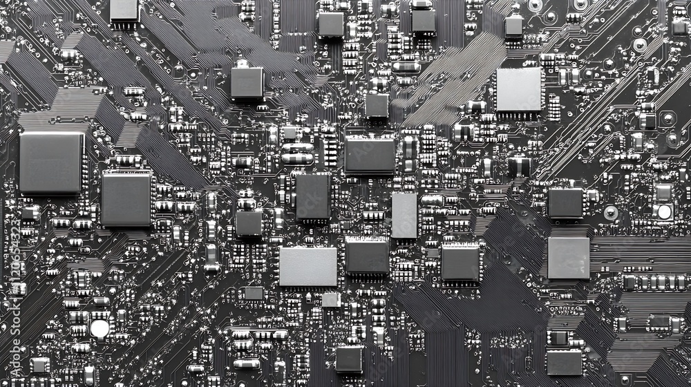 Poster Monochrome Silver Circuit Board with Microchips and Electronic Components : Generative AI