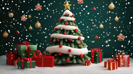 Obraz premium Christmas Tree and gifts flat design front view North Pole theme 3D 