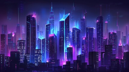 Fototapeta premium Neon Cityscape - A futuristic city glowing with blue and pink neon lights