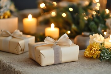 Charming Christmas Gift on Burlap with Daisies and Candlelight for a Warm Festive Feel : Generative AI