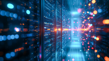 Futuristic data center with glowing servers and digital nodes