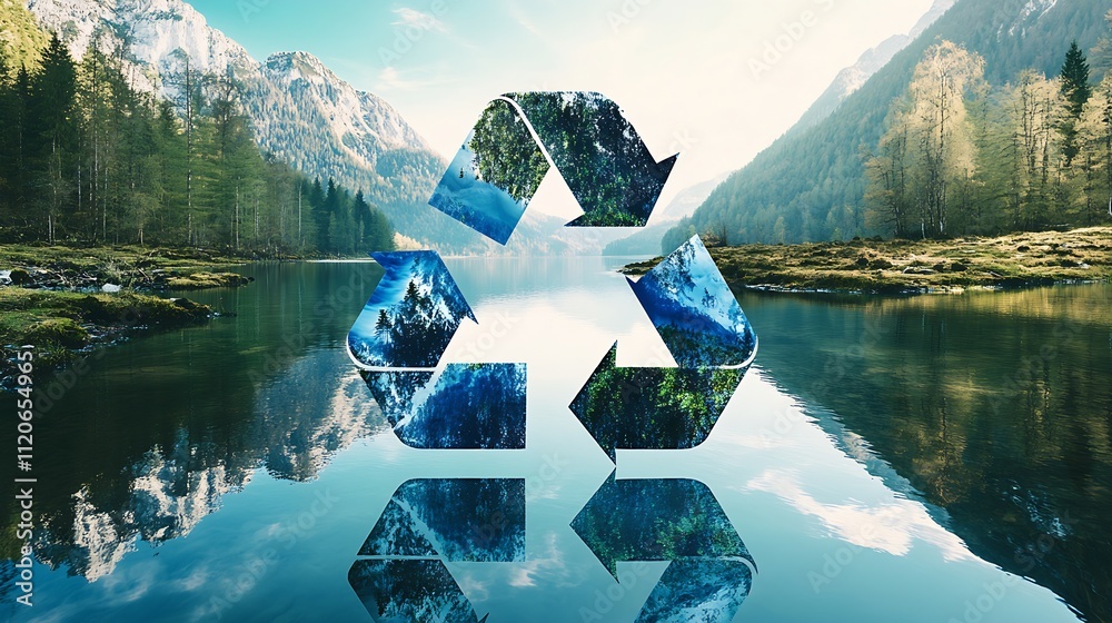 Aufkleber scenic recycle symbol with pristine mountain lake and forest background : generative ai