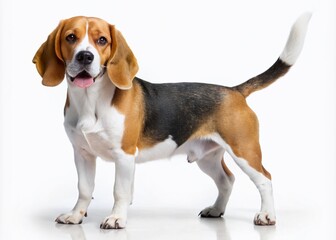 A realistic fashion photography clipart of a Beagle dog standing with its tail wagging against a white background, showcasing a lively and playful demeanor.
