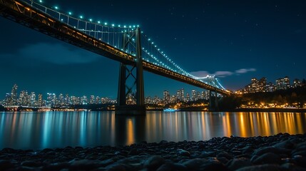 Fototapeta premium Starry Night Over Urban River with Illuminated Suspension Bridge : Generative AI