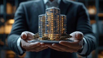 Businessman Holding Miniature Building Model in Corporate Setting for Rental and Investment Reference