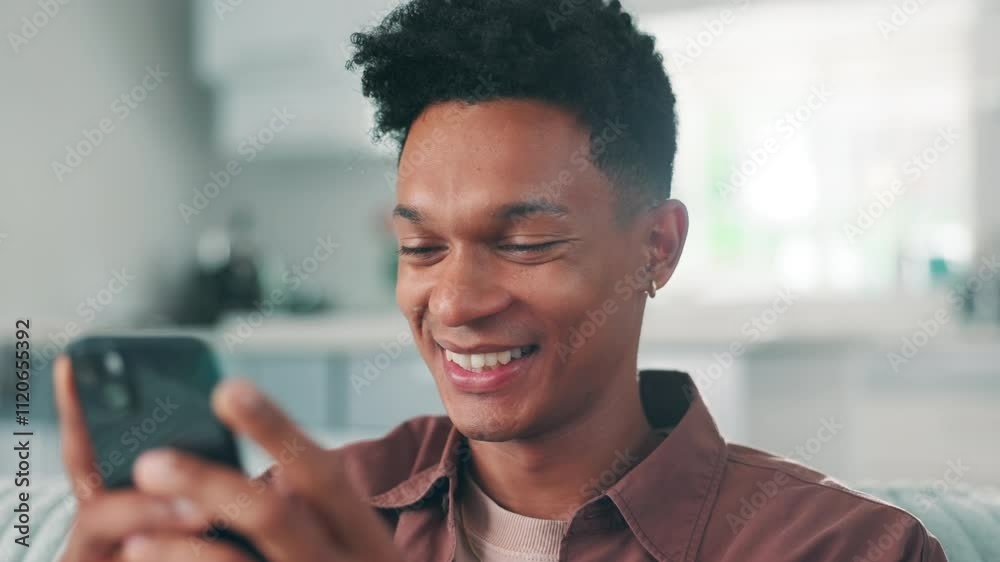 Poster smile, phone and man typing in home for text message, reading notification or check social media acc