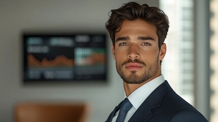 Confident young professional in a dynamic corporate boardroom with financial data in the background, projecting authority and ambition amidst a bustling city view