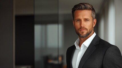 Fototapeta premium Executive in a modern office setting showcasing confidence and approachability while enjoying a coffee break