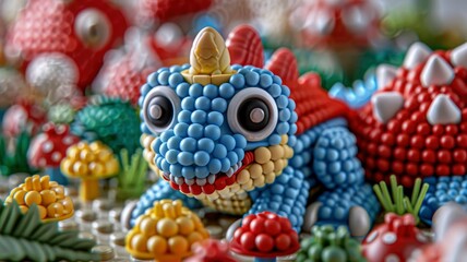 Fototapeta premium Whimsical Beaded Dragon in a Mushroom Fairyland