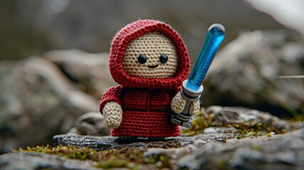 Naklejka premium Adorable Crochet Amigurumi Jedi Knight Figurine in Red Robes with Lightsaber, Outdoor Setting
