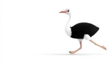 A cartoon ostrich running playfully across a white background.