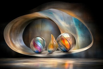Obraz premium abstract artistic composition featuring three glowing glass spheres with vibrant swirls, set against a curved metallic backdrop and illuminated by soft gradient lighting
