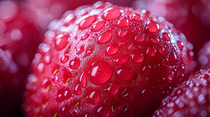 Fresh red raspberries with water droplets close-up