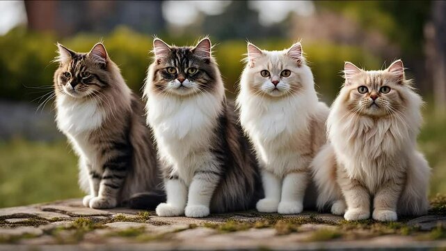 group 4k cats row norwegian siberian persian cat kitten pet animal arrangement banner close creature cut out domestic animals felino front view gazing ginger indoor olated white looking mammal many