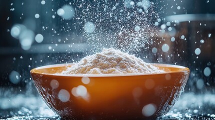 A bowl of flour surrounded by a sprinkle of flour dust, capturing a cooking moment.