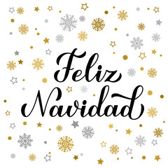 Feliz Navidad calligraphy hand lettering with gold and silver snowflakes, stars and dots. Merry Christmas typography poster in Spanish. Vector template for greeting card, banner, flyer, etc.