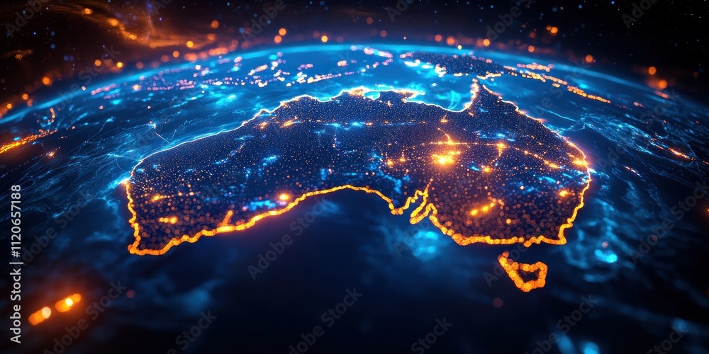 Poster Glowing Digital Map of Australia Cyberpunk Network Connectivity and Data Transfer Technology