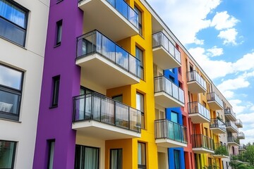Apartment building with colorful balconies, representing vibrant urban life
