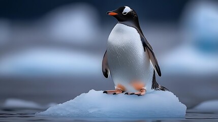 Fototapeta premium Gentoo Penguin Standing on Iceberg in Antarctic Waters with Blurred Blue Ice Background : Generative AI