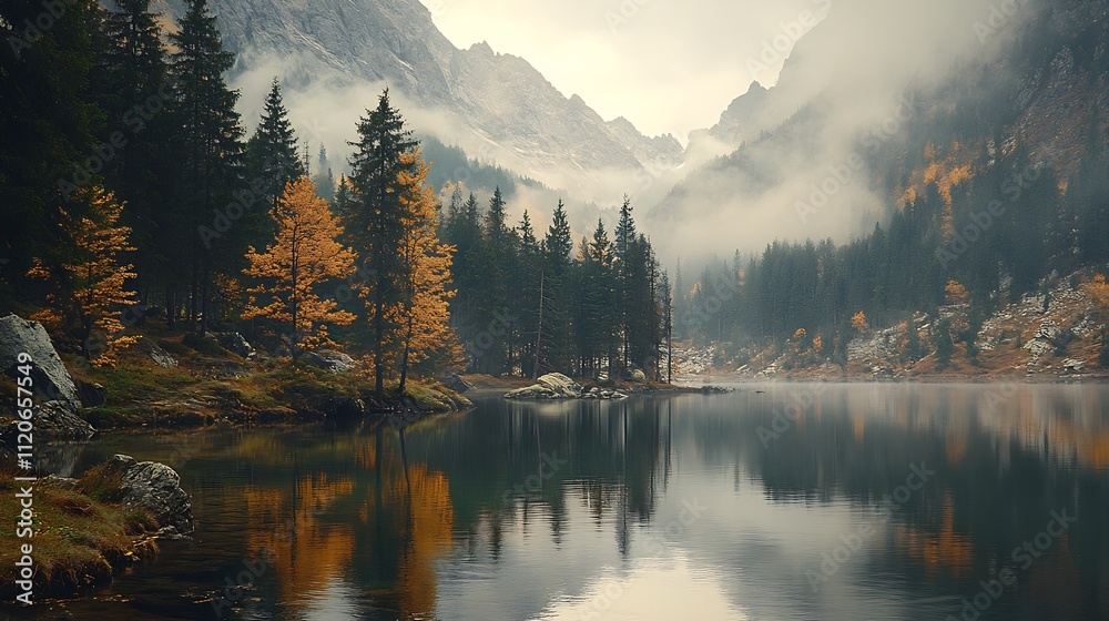 Poster scenic autumn landscape of serene lake with pine trees and misty mountains : generative ai