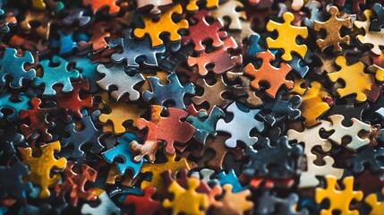 Colorful mix of scattered jigsaw puzzle pieces for creativity intelligence or leisure abstract background : Generative AI