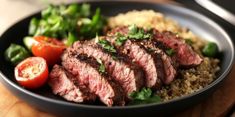 Balanced meal with lean meat, vegetables, and a side of quinoa, supporting fitness goals