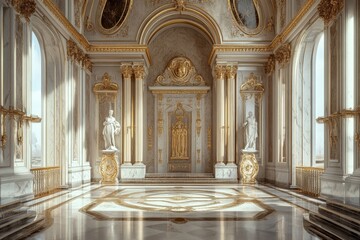 Obraz premium Baroque palace with gilded decorations, large courtyards, and marble statues