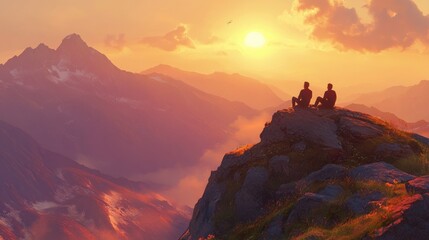 Two hikers enjoying a breathtaking sunset view from a mountaintop.