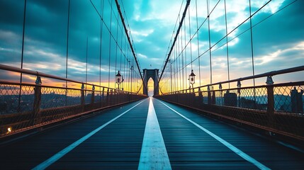 Obraz premium Scenic view of the famous Brooklyn Bridge captured during a colorful sunset evening in New York City : Generative AI