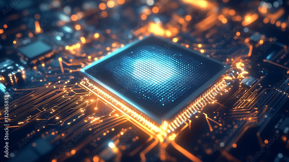 Poster Futuristic Microprocessor Glowing on Illuminated Circuit Board Closeup : Generative AI