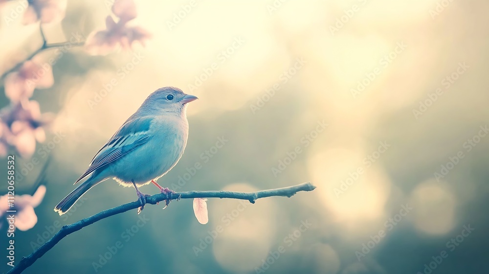 Poster serene bird on branch in dreamy pastel sundown setting : generative ai