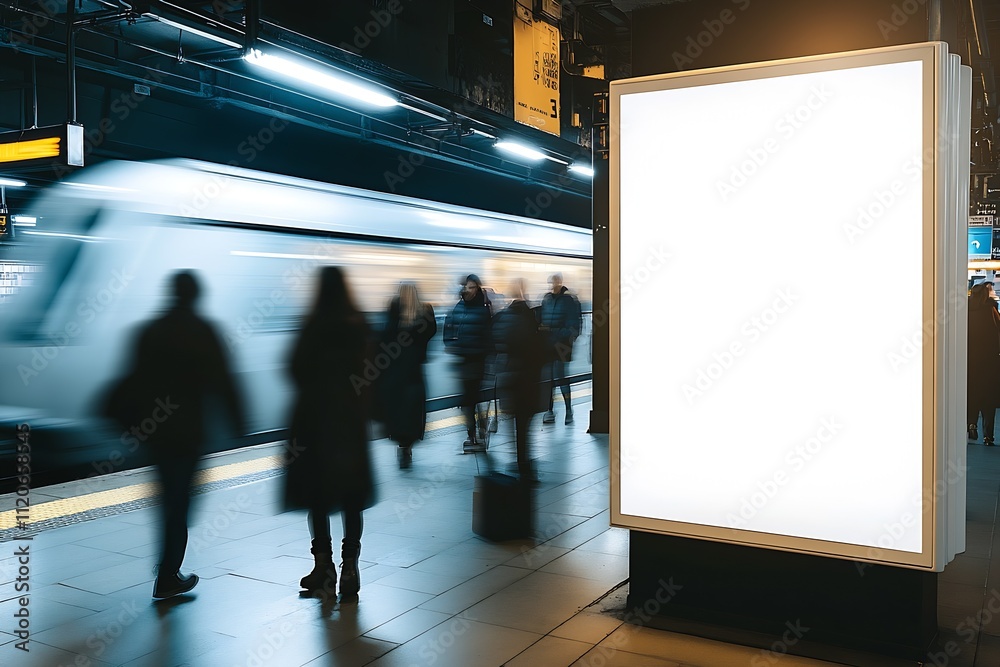 Poster metropolitan subway station with commuters and bright blank advertisement : generative ai