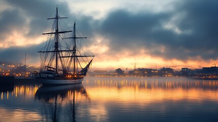 Fototapeta premium Vintage Tall Ship Docked by Misty Harbor at Dawn with Cityscape View : Generative AI