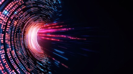 Abstract digital tunnel with vibrant light streaks and data flow.
