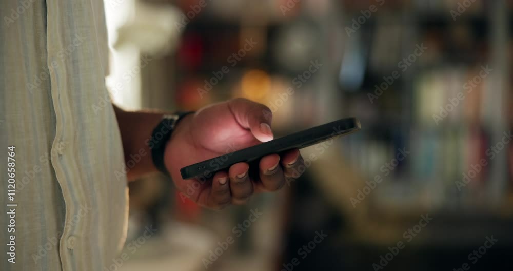 Poster hand, phone and texting in home with chat on mobile app, connection and scroll for post on web. pers