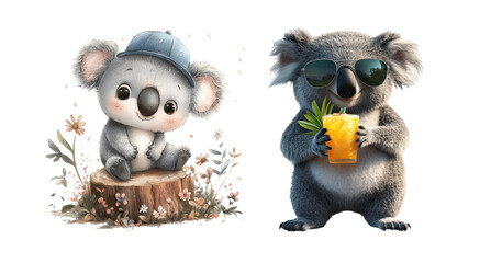 Fototapeta premium Cute Koalas with Summer Drinks on Transparent Background