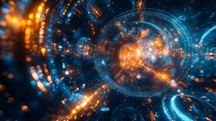 Obraz premium Glowing abstract energy swirls with orange and blue light particles in motion