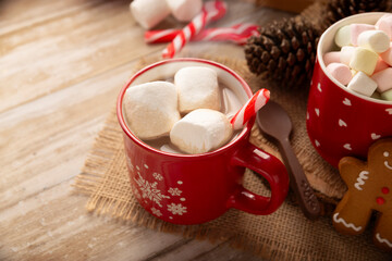 Hot chocolate. Traditional Christmas and winter drink, made with milk and cocoa and served with a marshmallow topping.